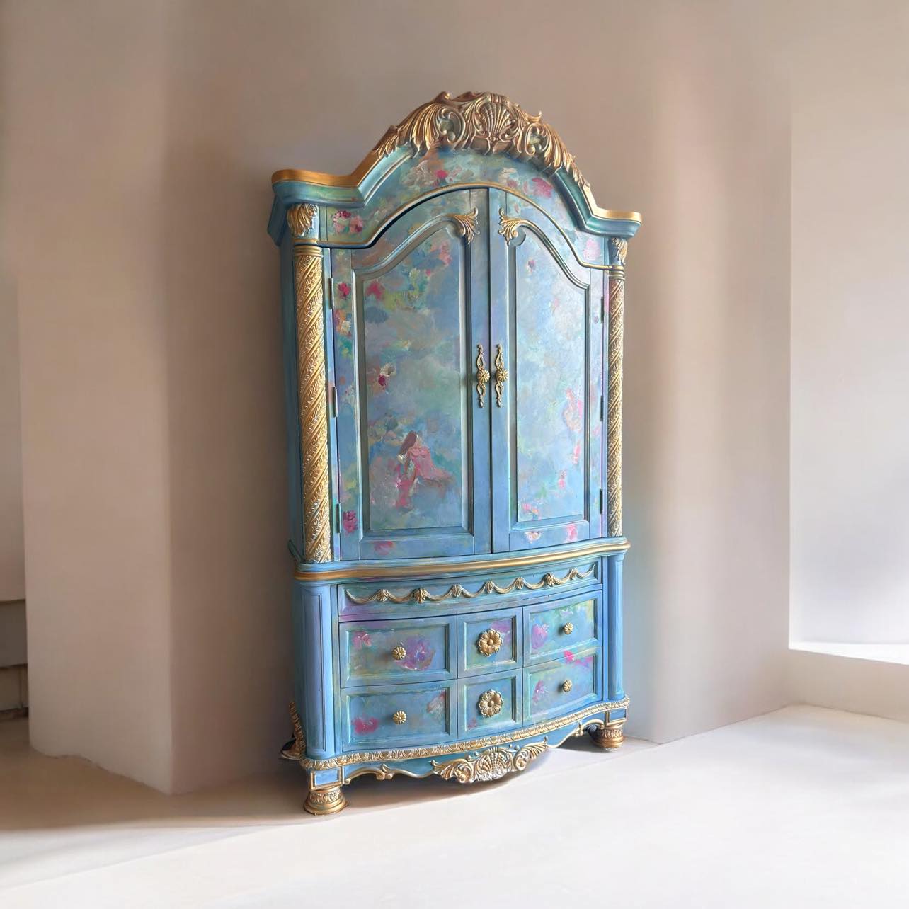 Beautiful Vintage Blue Rococo Armoire