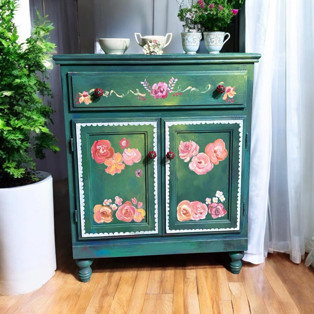 Hand-Painted Floral Vintage Small Cabinet