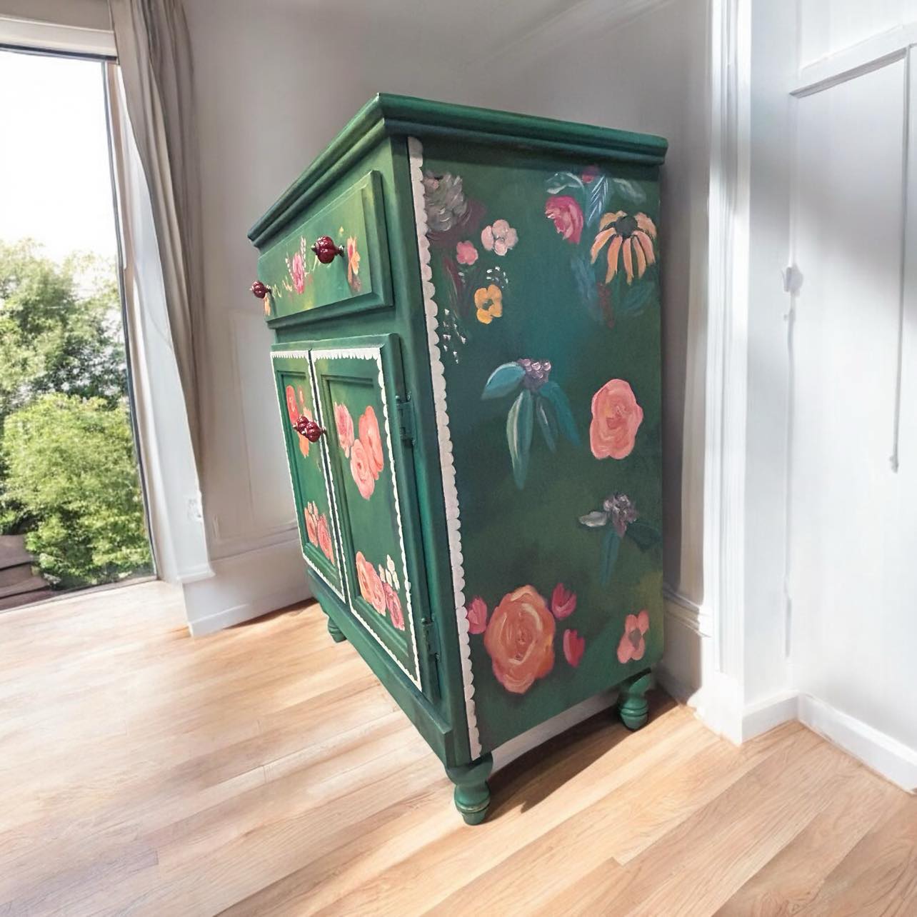 Hand-Painted Floral Vintage Small Cabinet