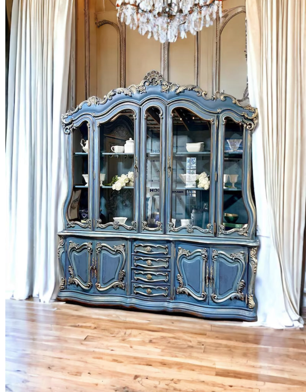 Hand-Painted Vintage Blue French Style Hutch