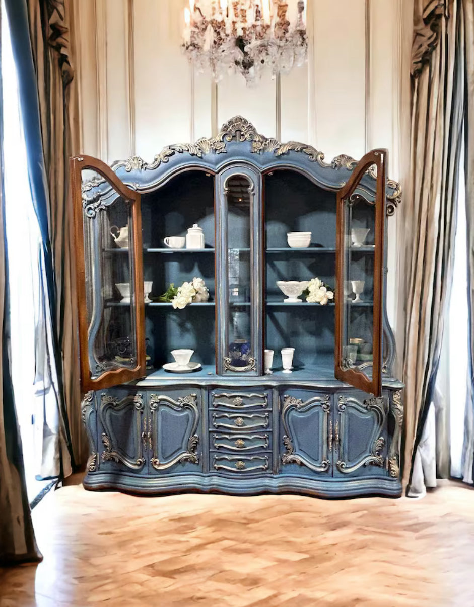 Hand-Painted Vintage Blue French Style Hutch