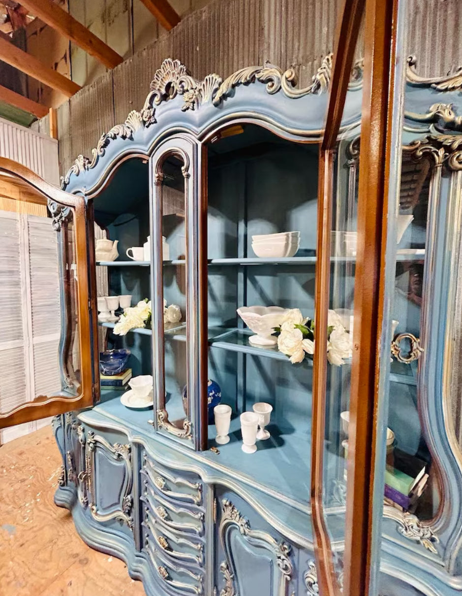 Hand-Painted Vintage Blue French Style Hutch