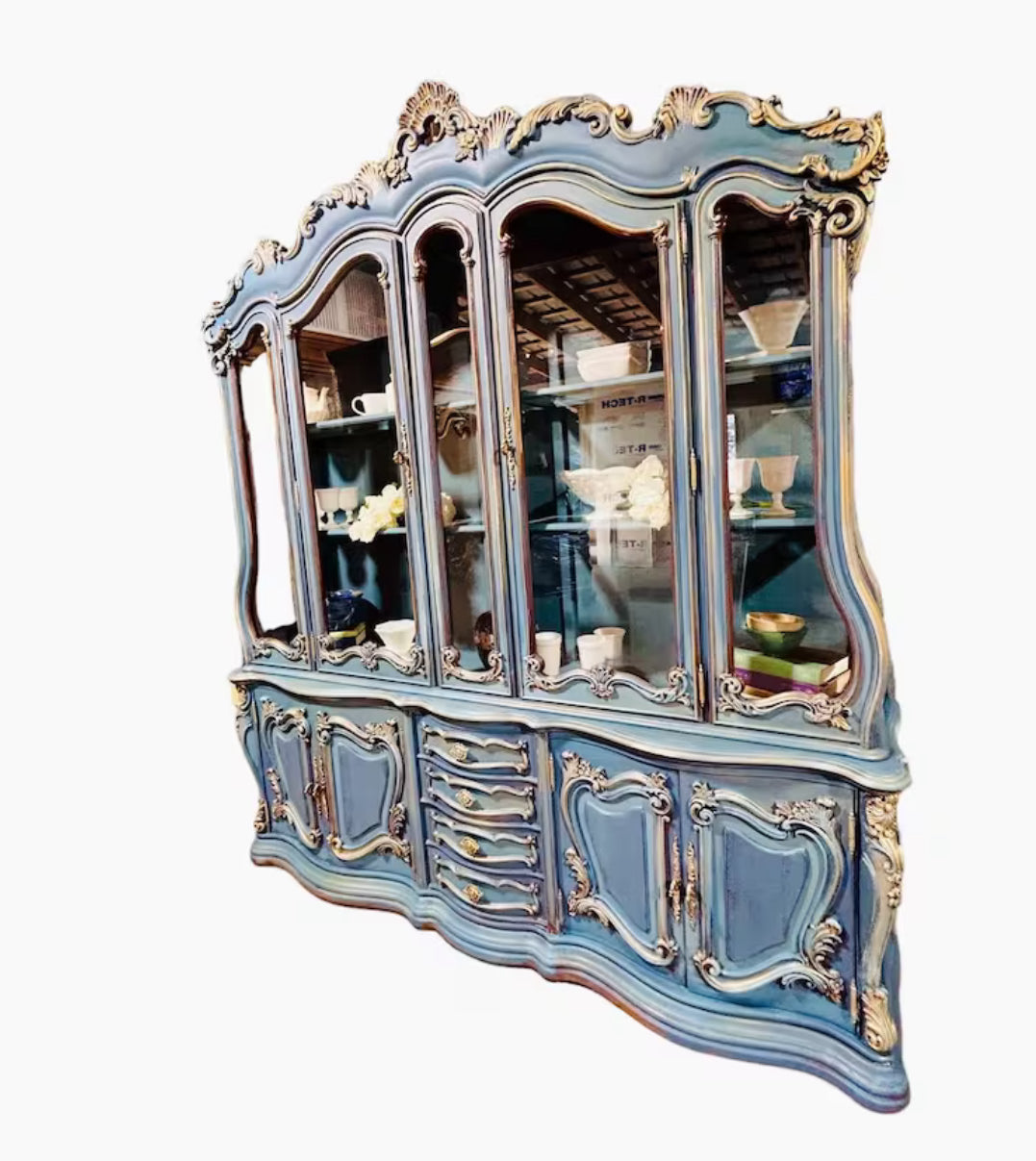 Hand-Painted Vintage Blue French Style Hutch